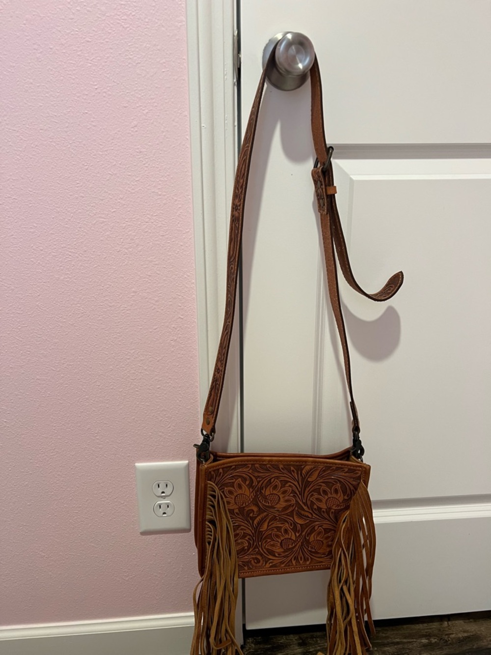 American Darling Tooled Floral Leather Fringe Crossbody - Tan/Brown - Picture 2 of 6